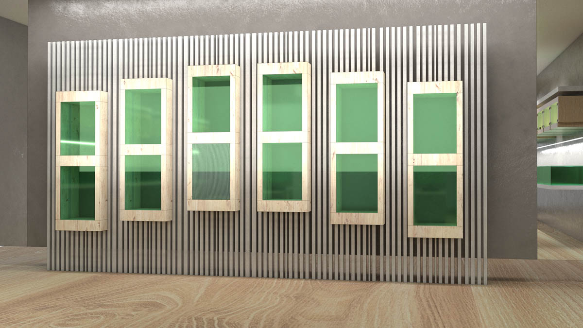 Arredamento gioielleria: parete espositiva con vetrinette a due piani illuminate chiuse da ante in vetro